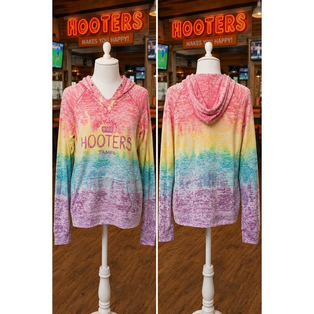 Vintage Hooters Tampa Rainbow Tie Dye Hoodie Women's Size L Y2K Pullover Rare